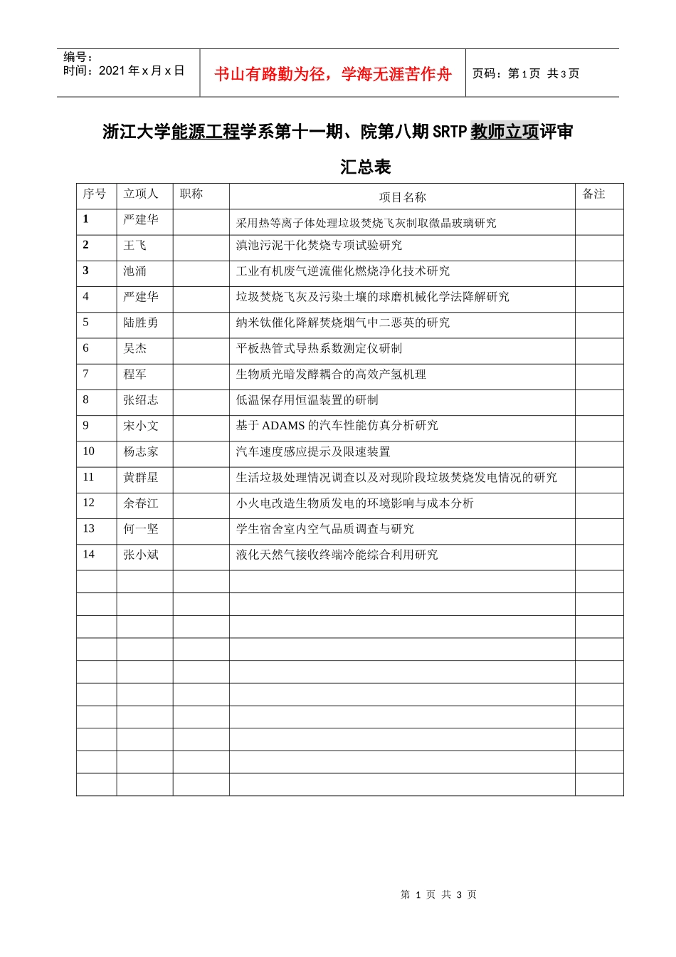 浙江大学能源工程学系第十一期、院第八期SRTP教师立项评审汇_第1页