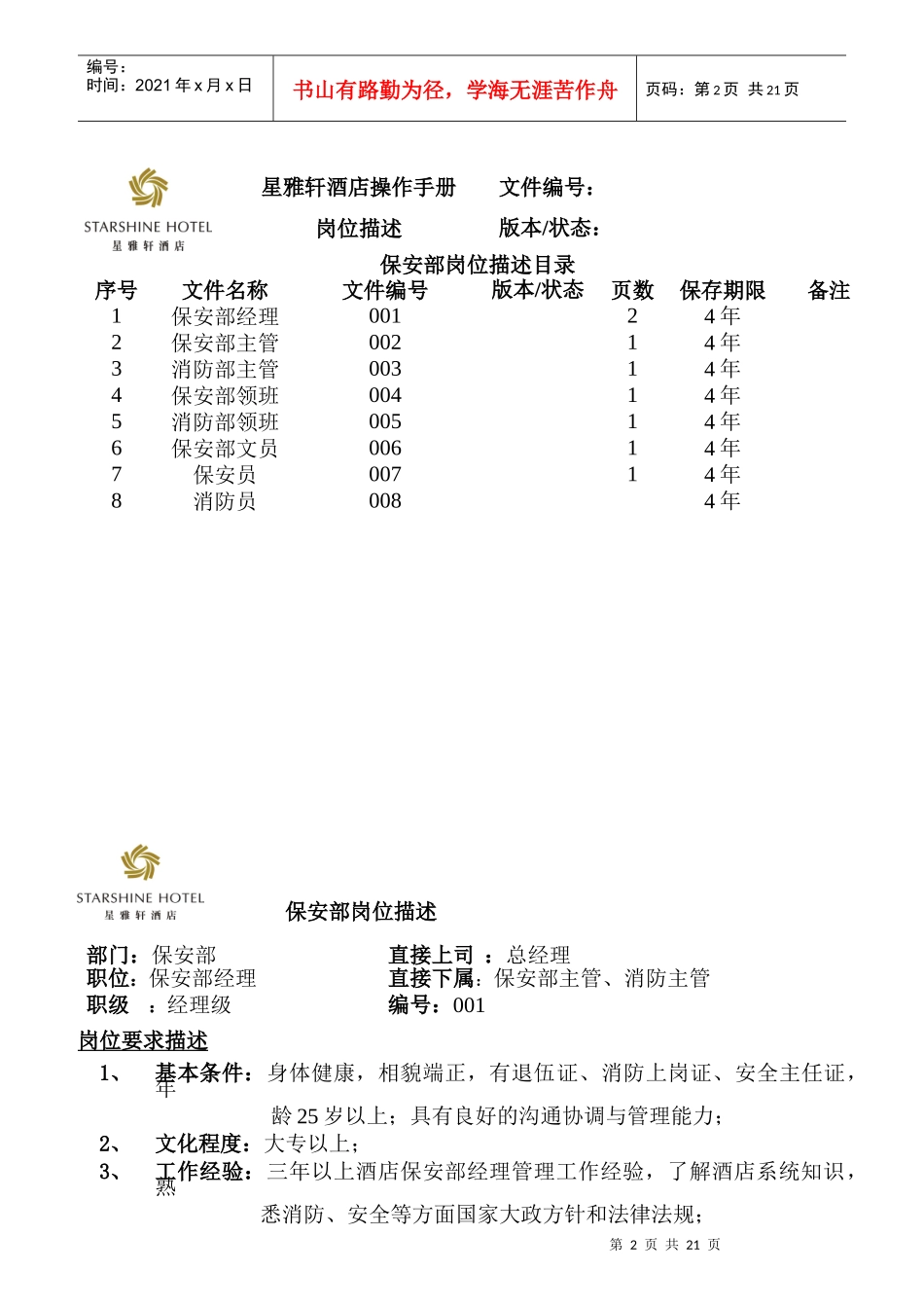 某酒店保安部岗位职责描述_第2页