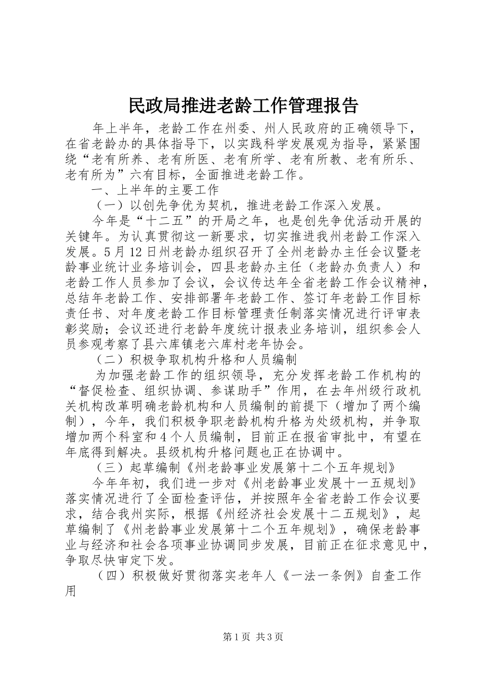 民政局推进老龄工作管理报告_第1页