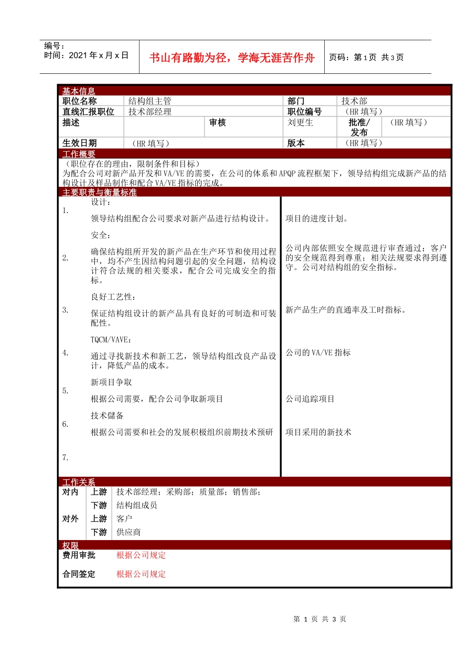 某大型电子公司技术部结构组主管职位说明书_第1页