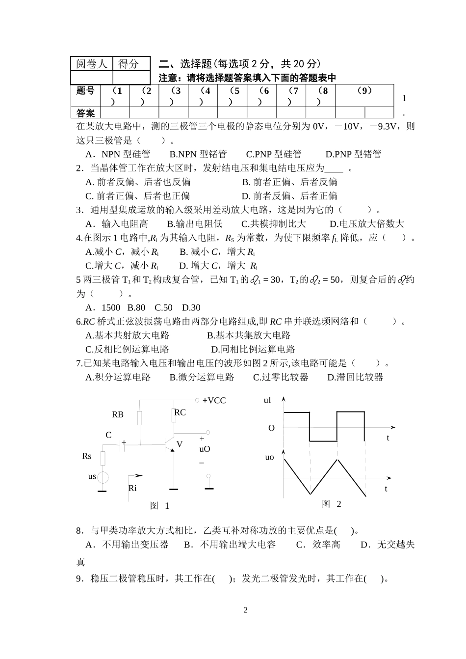 物理学专业电子技术基础试卷A_第2页