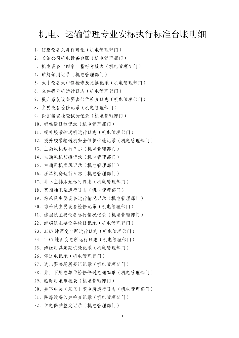 机电运输标准化执行要求表格_第1页