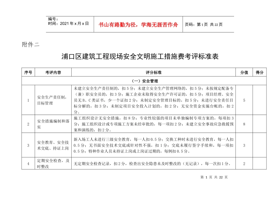 浦口区建筑工程现场安全文明施工措施费考评标准表_第1页