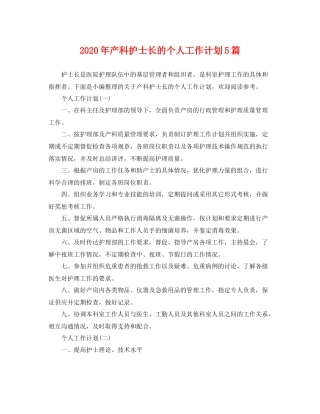 2020年产科护士长的个人工作计划5篇 