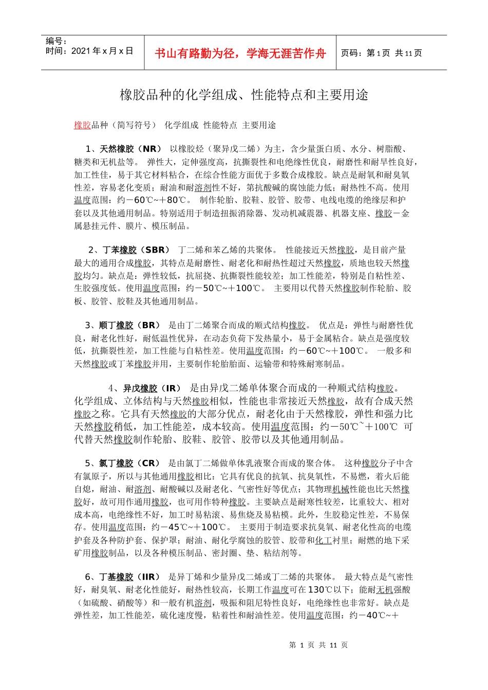 橡胶的种类、性能和用途_第1页