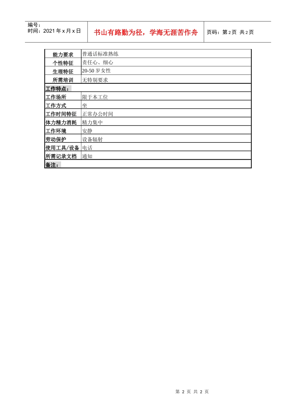 某啤酒企业分厂话务员岗岗位说明书_第2页