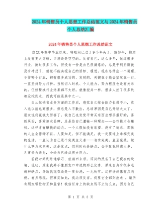 2024年销售员个人思想工作总结范文与2024年销售员个人总结汇编