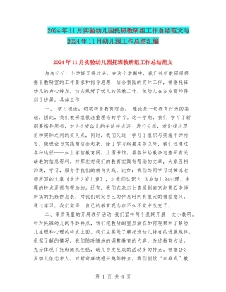 2024年11月实验幼儿园托班教研组工作总结范文与2024年11月幼儿园工作总结汇编