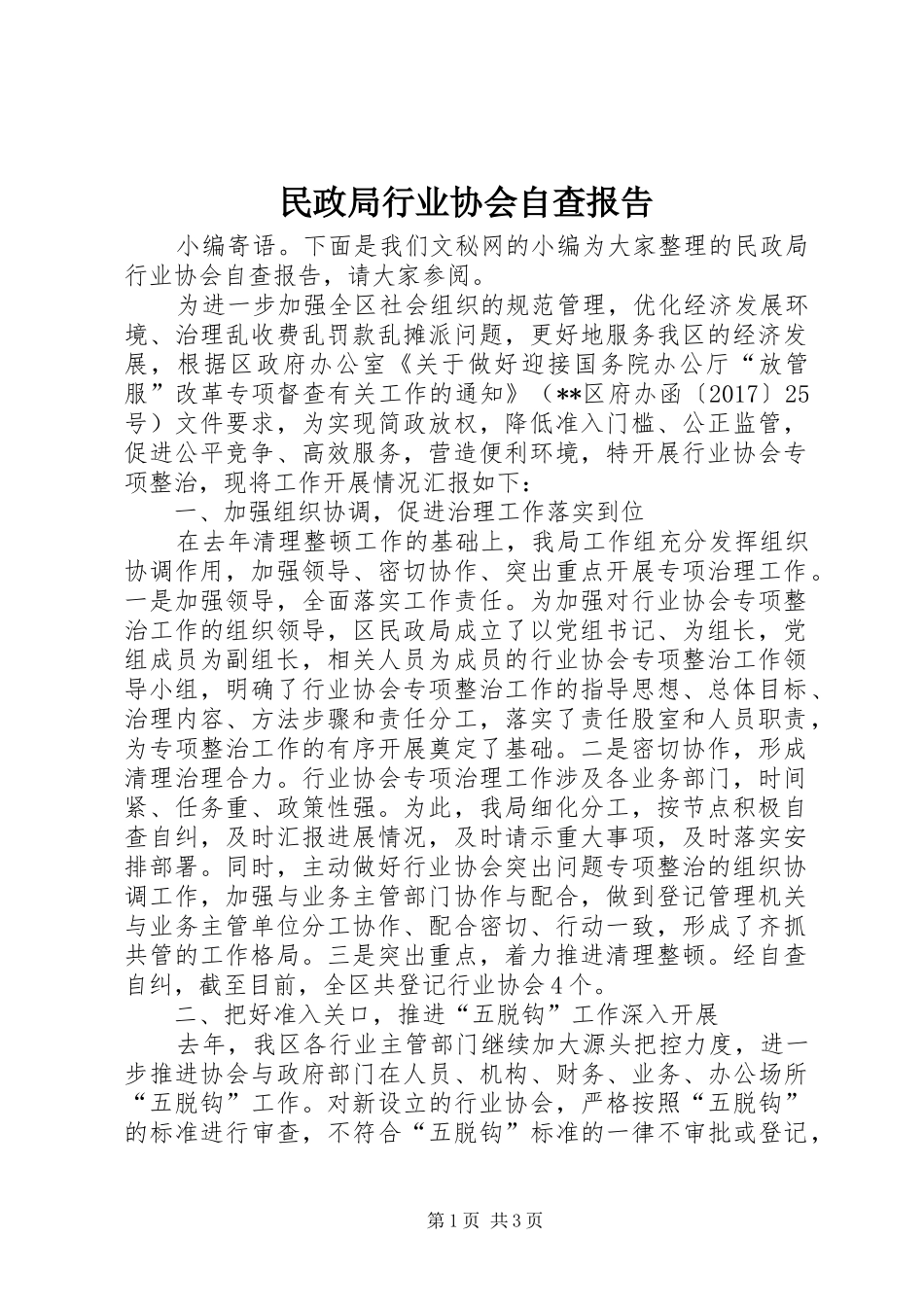 民政局行业协会自查报告_第1页