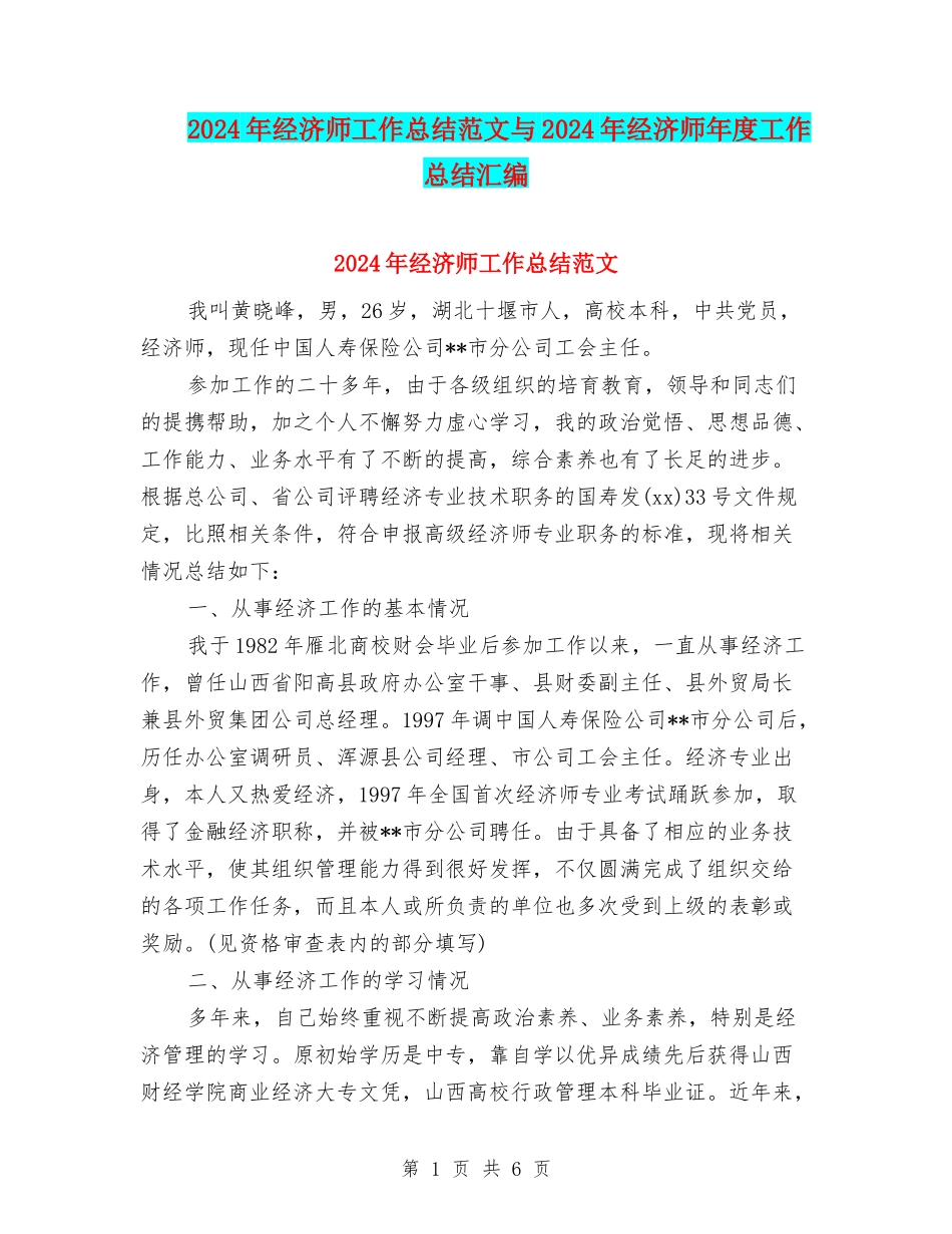 2024年经济师工作总结范文与2024年经济师年度工作总结汇编_第1页