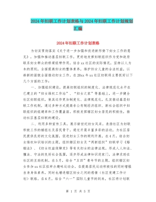 2024年妇联工作计划表格与2024年妇联工作计划规划汇编