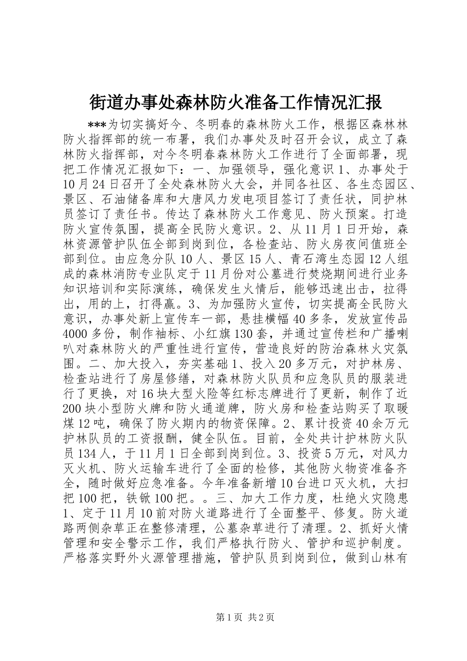 街道办事处森林防火准备工作情况汇报_第1页