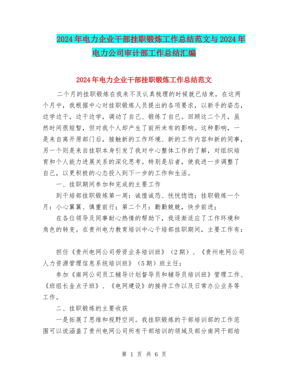 2024年电力企业干部挂职锻炼工作总结范文与2024年电力公司审计部工作总结汇编_第1页