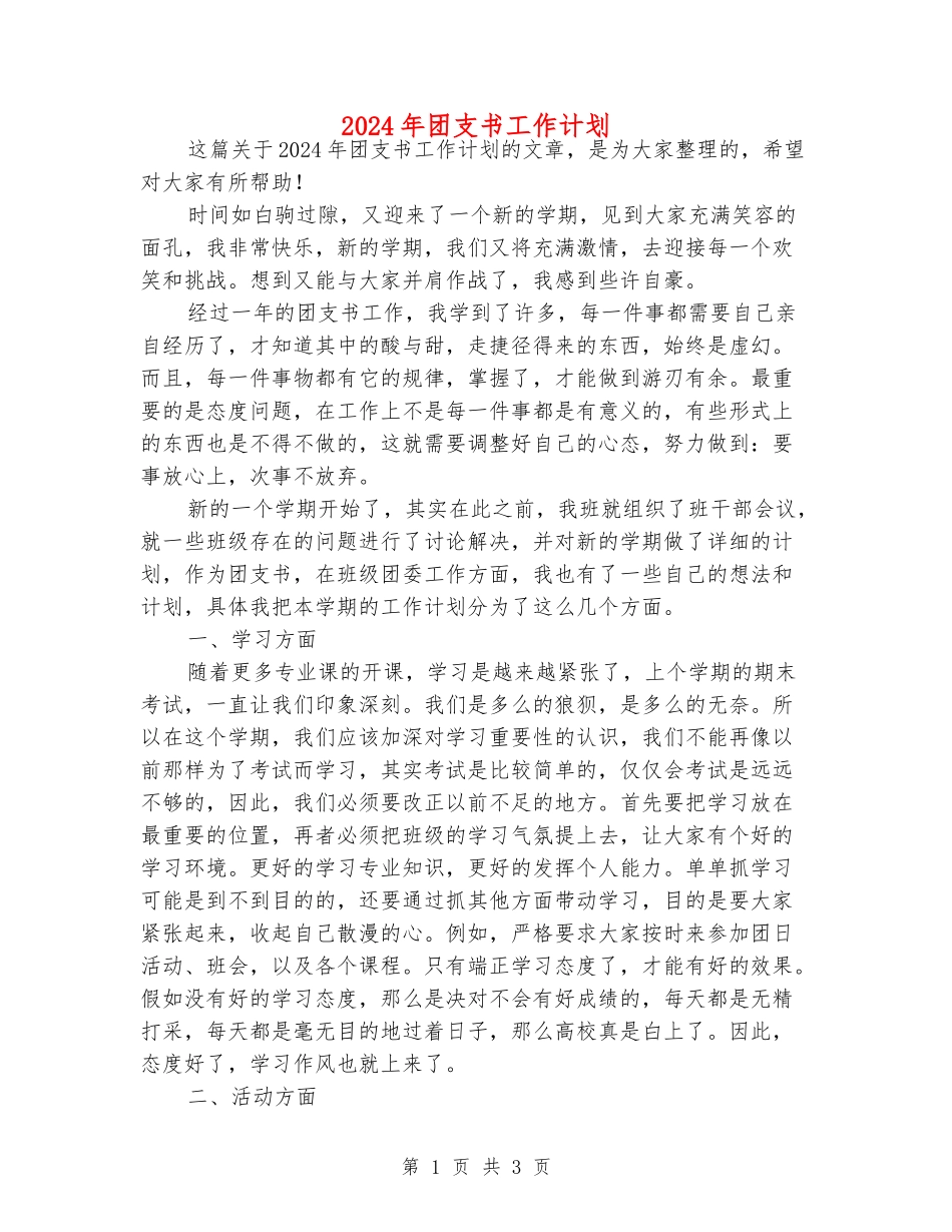 2024年团支书工作计划_第1页