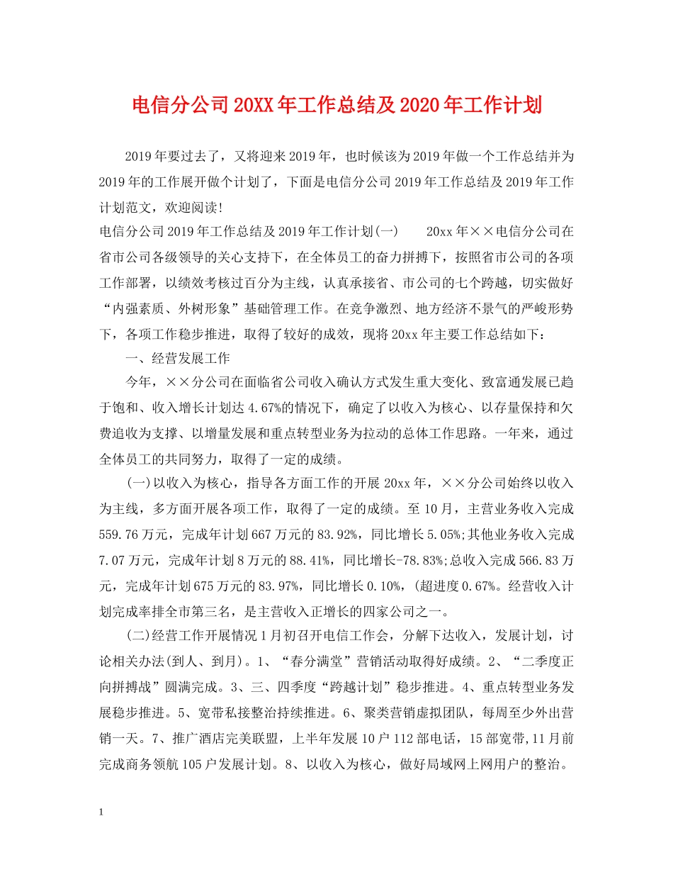 电信分公司20XX年工作总结及2020年工作计划 _第1页