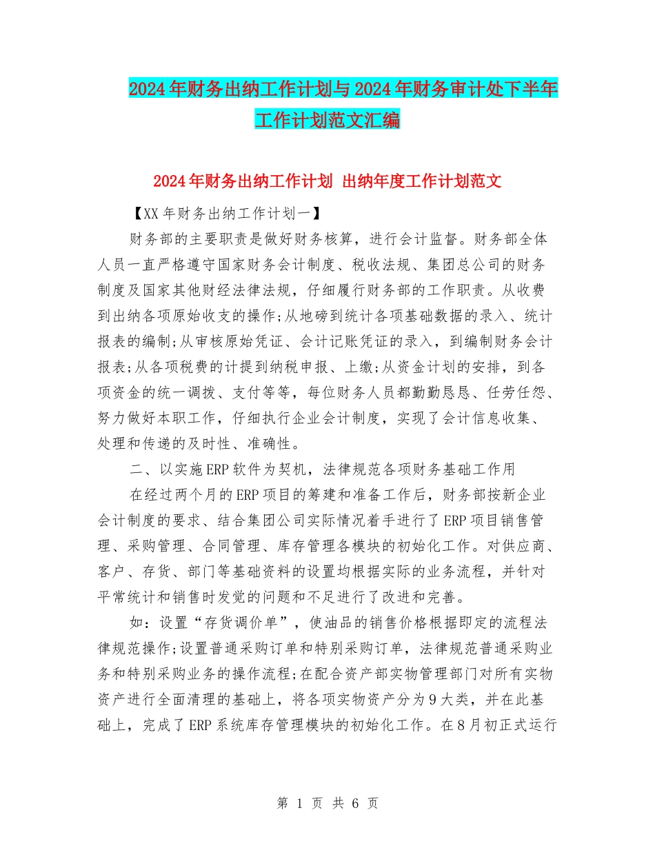 2024年财务出纳工作计划与2024年财务审计处下半年工作计划范文汇编_第1页