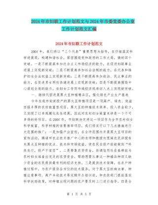 2024年市妇联工作计划范文与2024年市委党委办公室工作计划范文汇编