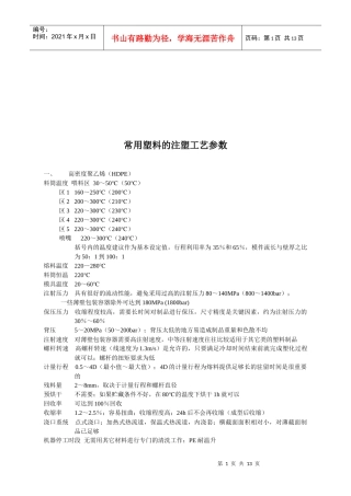 常用塑料的注塑工艺参数介绍