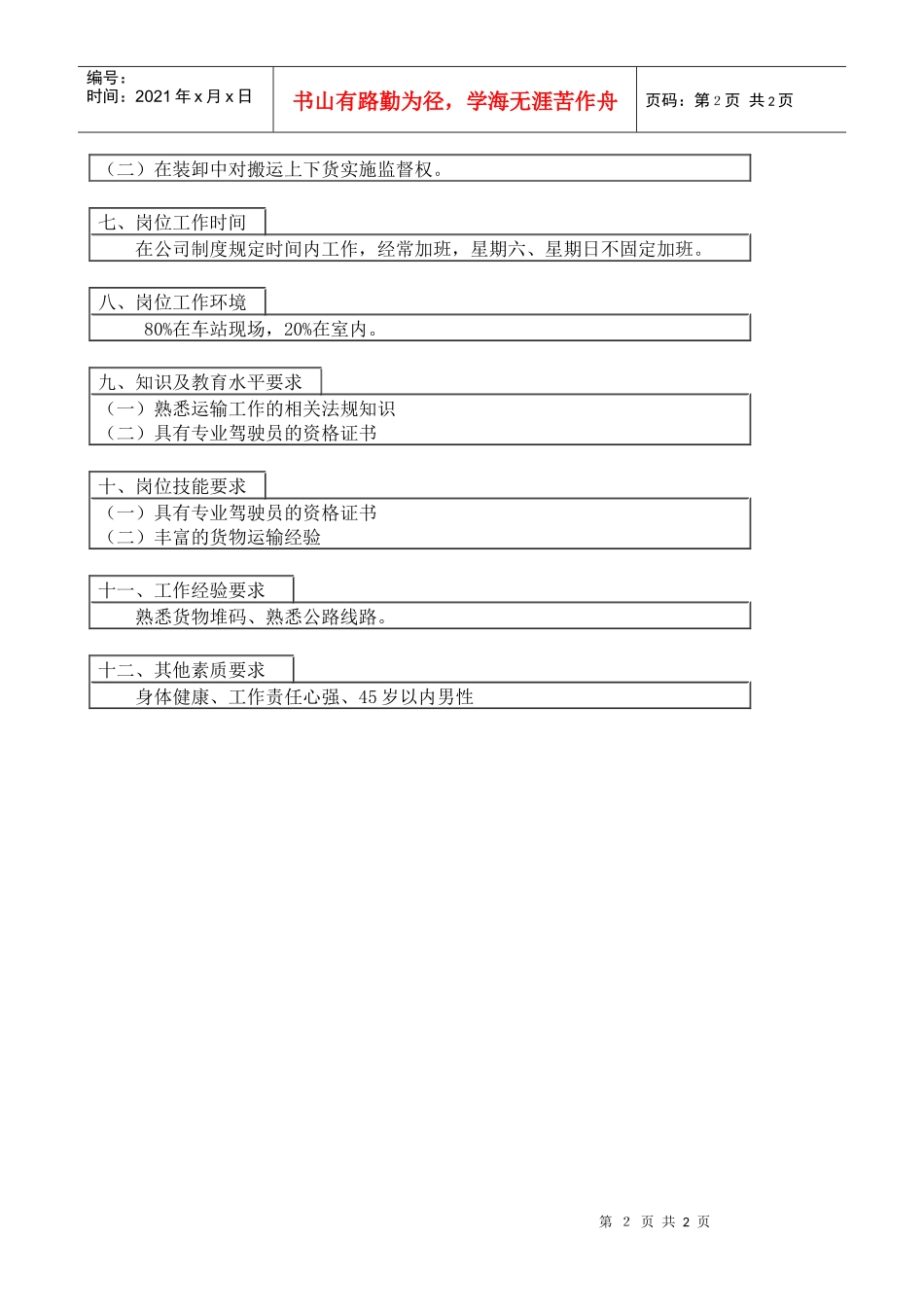 医药行业-运输科-汽车驾驶员岗位说明书_第2页
