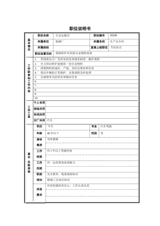 合金运输员职位说明书