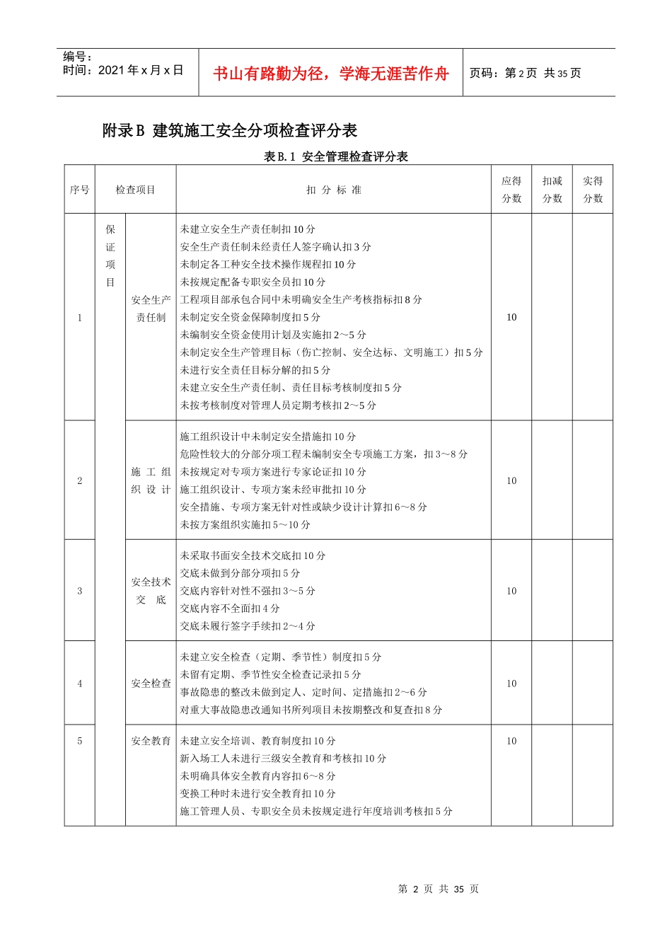 建筑施工安全检查评分汇总表分项检查评分表（DOC32页）_第2页