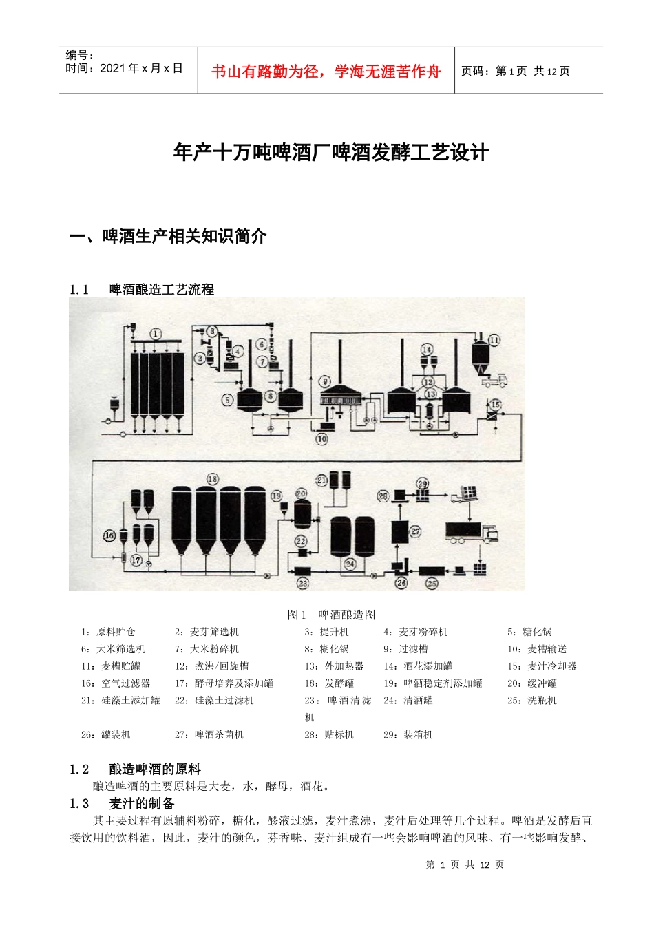 年产十万吨啤酒厂啤酒发酵工艺设计_第1页