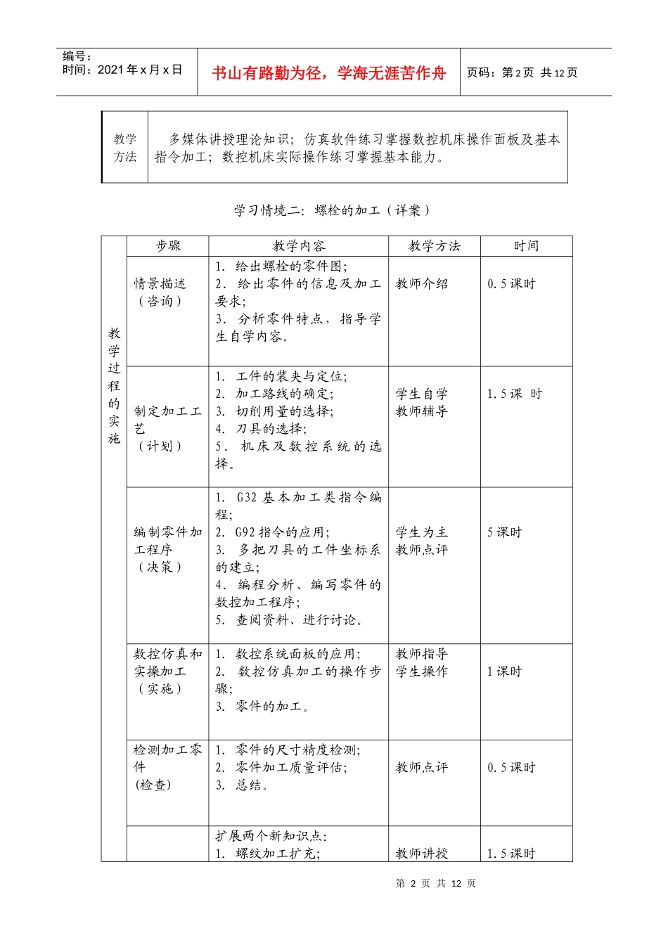 数控加工与编程车项目四螺栓加工教案_第2页