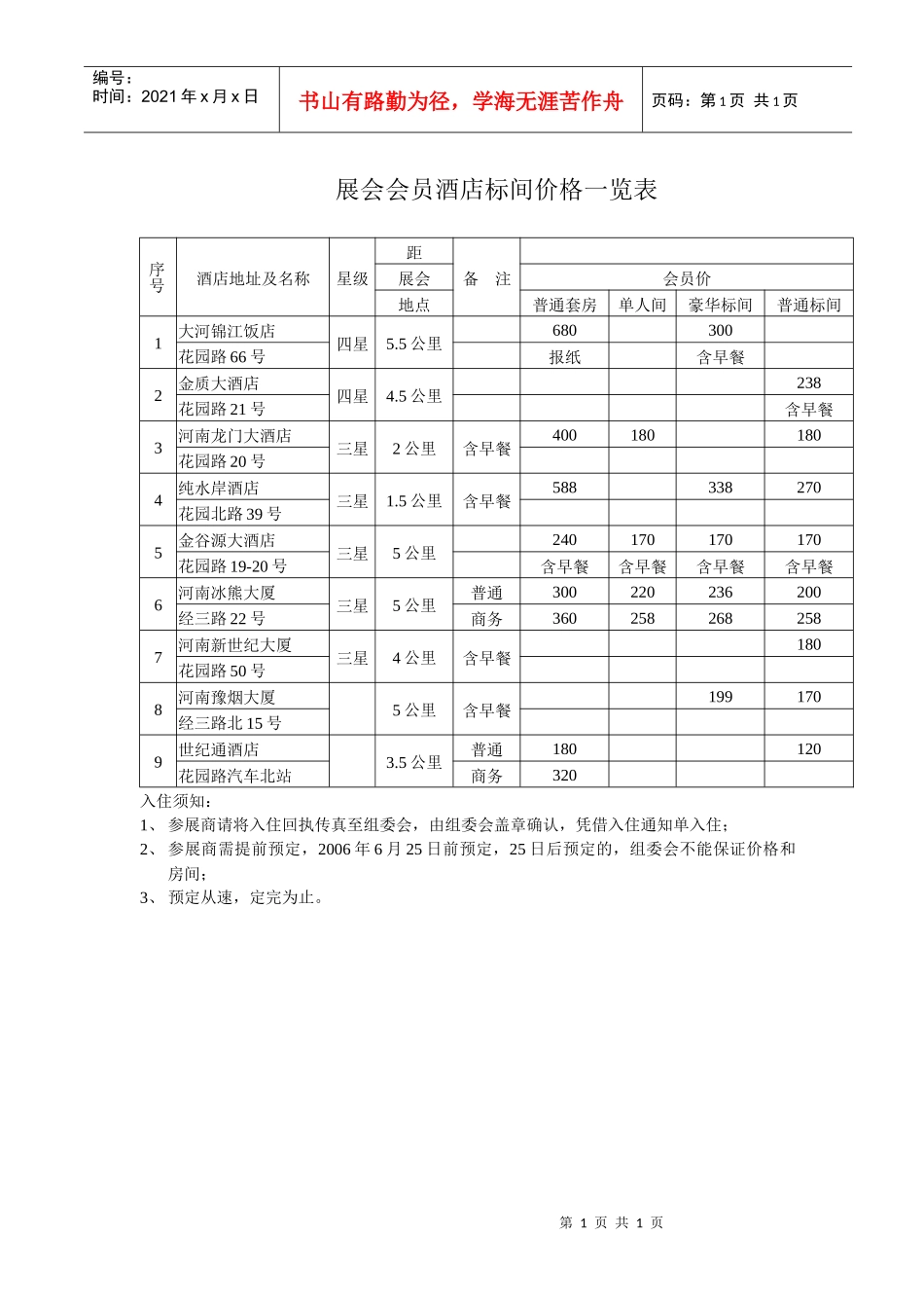 展会会员酒店标间价格一览表_第1页