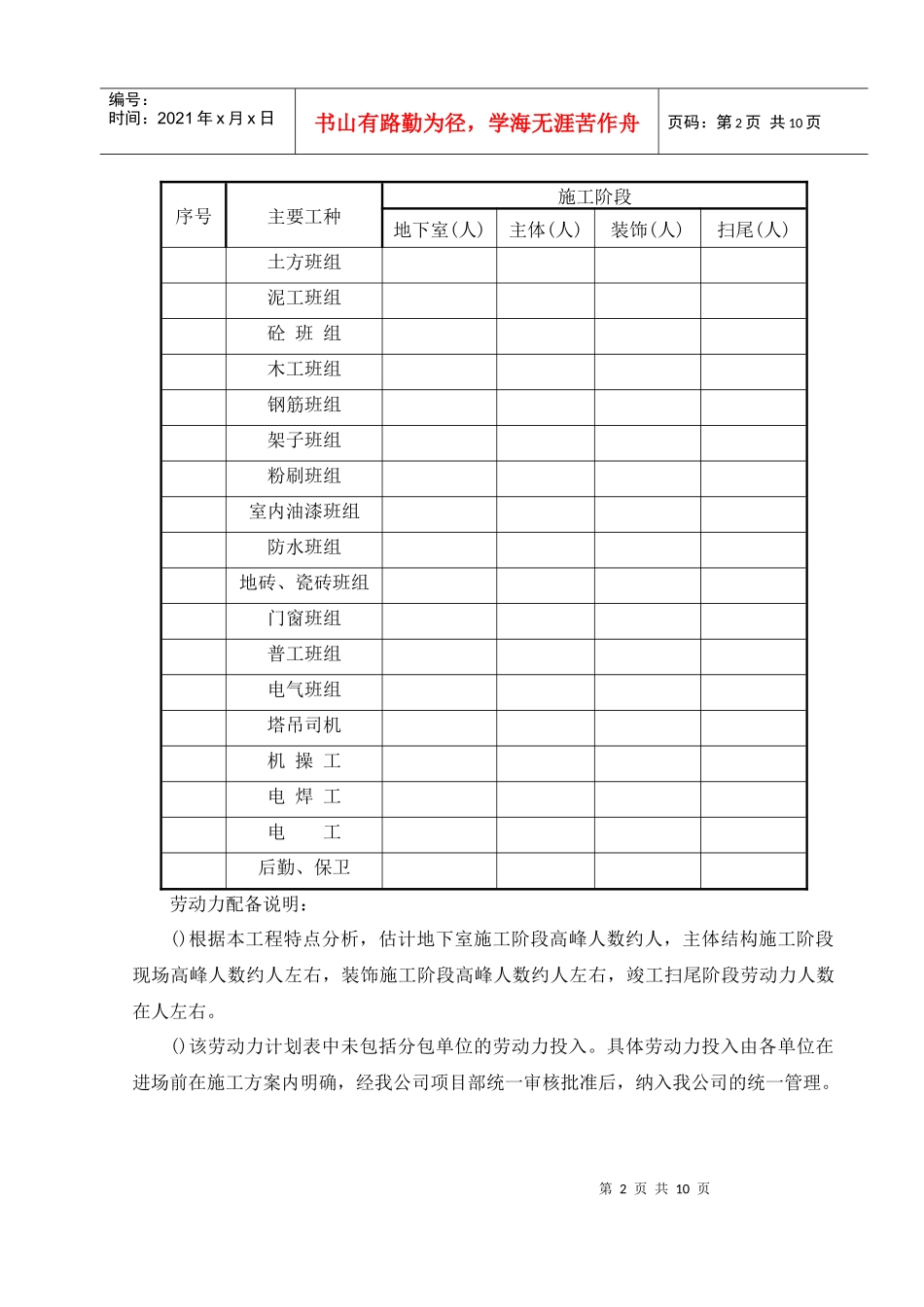 工程资源投入计划（框架结构）_第2页