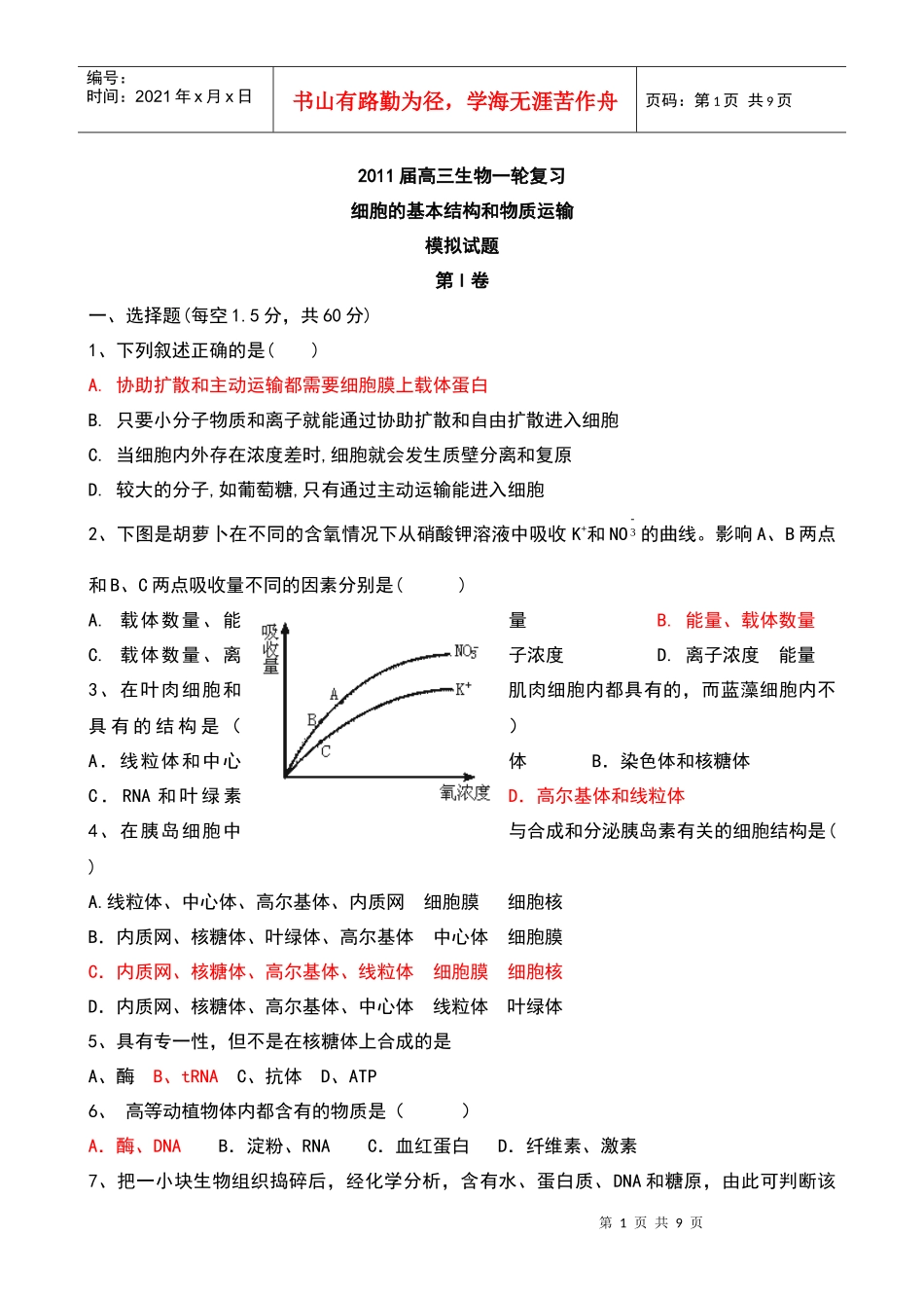 届高三生物一轮复习模拟试题：细胞的基本结构和物质运输8296249769_第1页