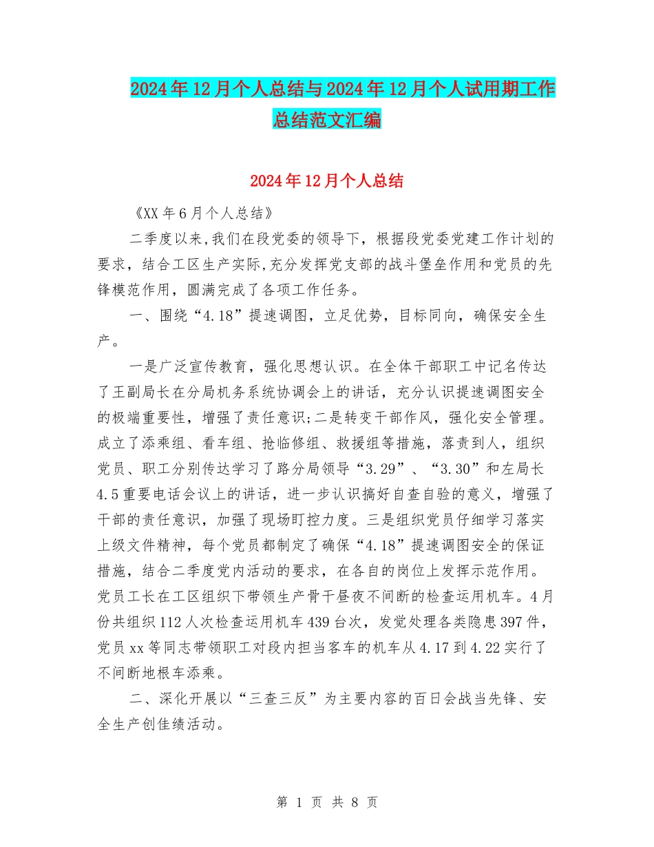 2024年12月个人总结与2024年12月个人试用期工作总结范文汇编_第1页