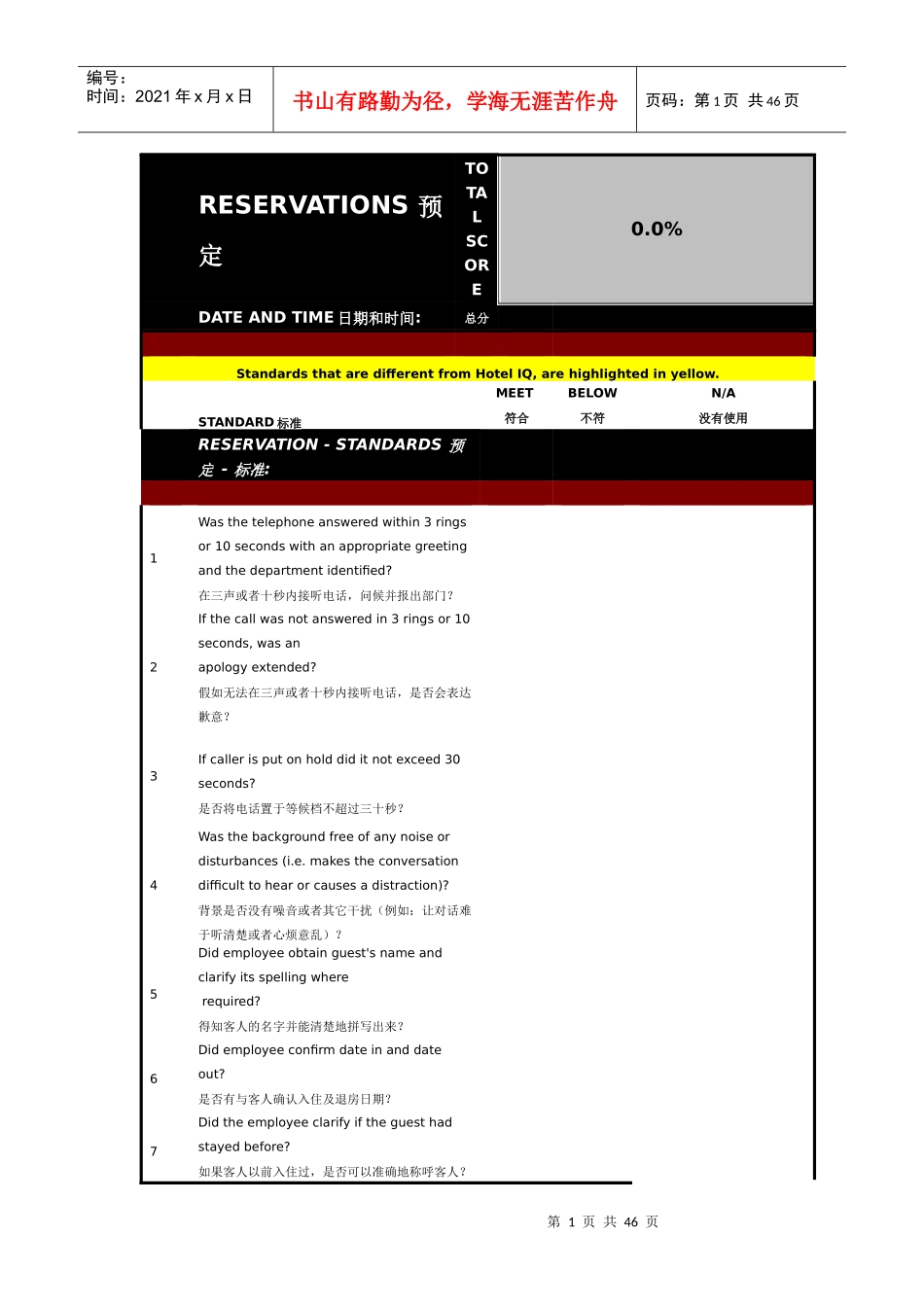 国际五星级酒店暗访质量调查评分标准_第1页