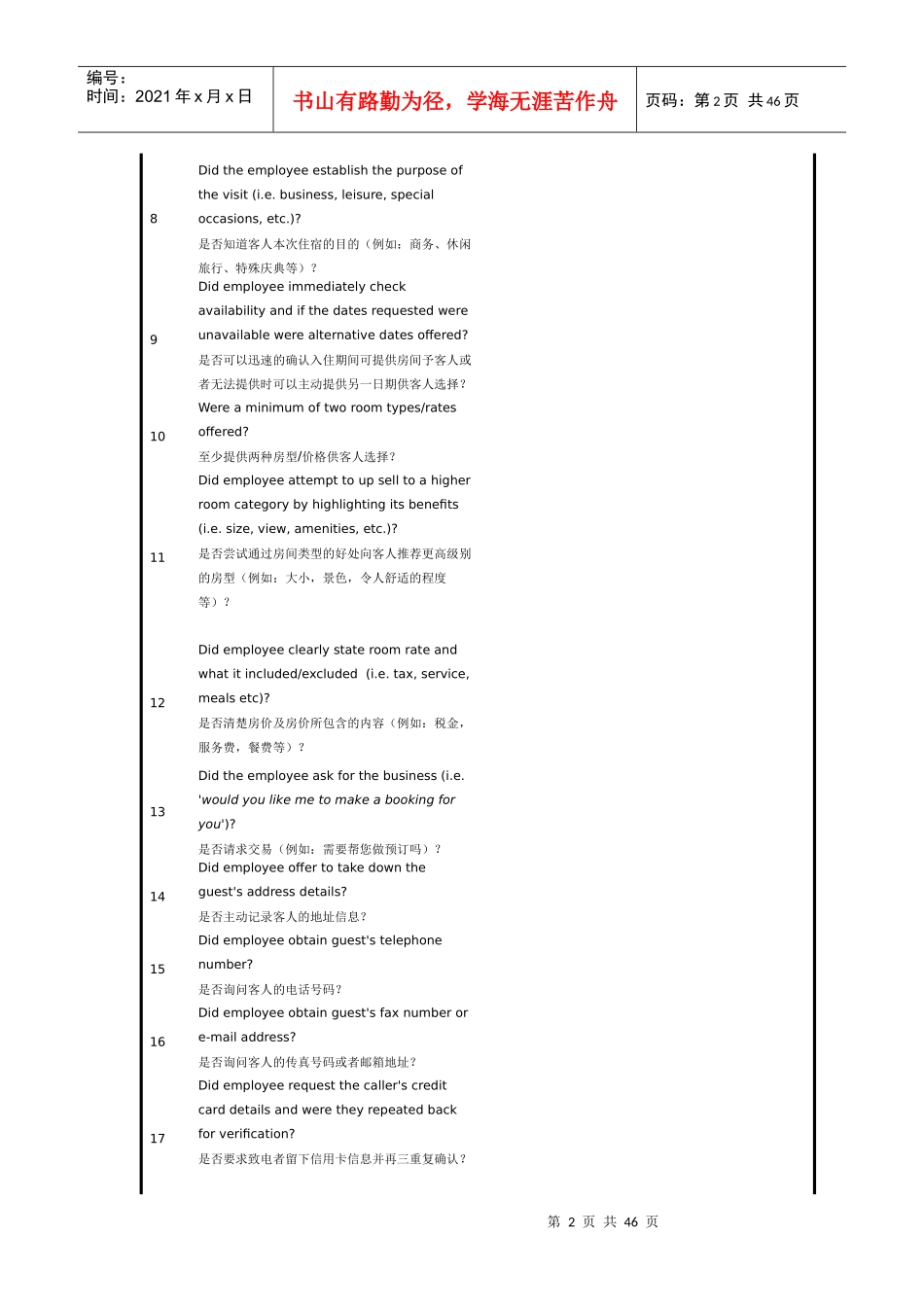 国际五星级酒店暗访质量调查评分标准_第2页