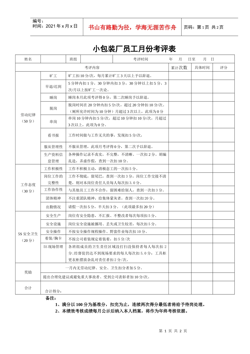 小包装厂员工月份考评表_第1页