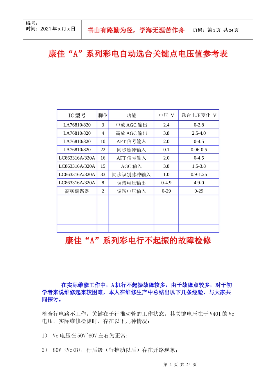 康佳A系列彩电资料与维修_第1页
