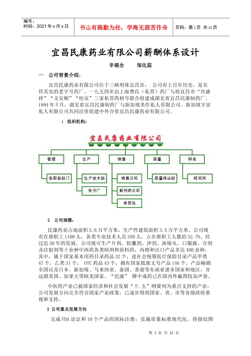 宜昌民康药业薪酬体系设计_第1页