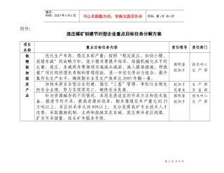 庞庄煤矿创建节约型企业重点目标任务分解方案
