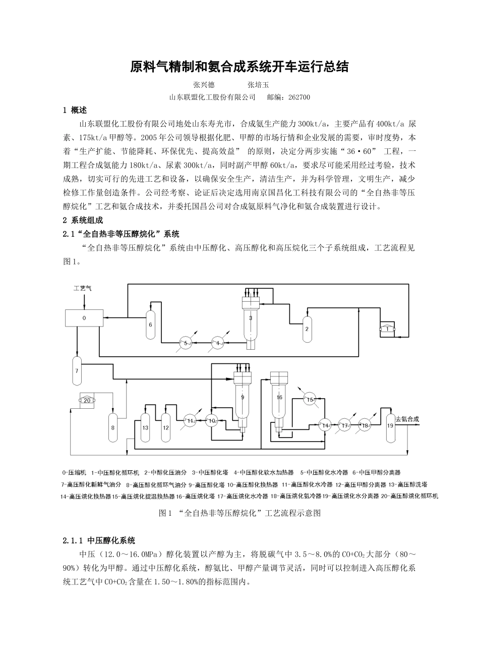 原料气精制和氨合成系统开车运行总结 - 南京国昌化工科技有限公司__第1页
