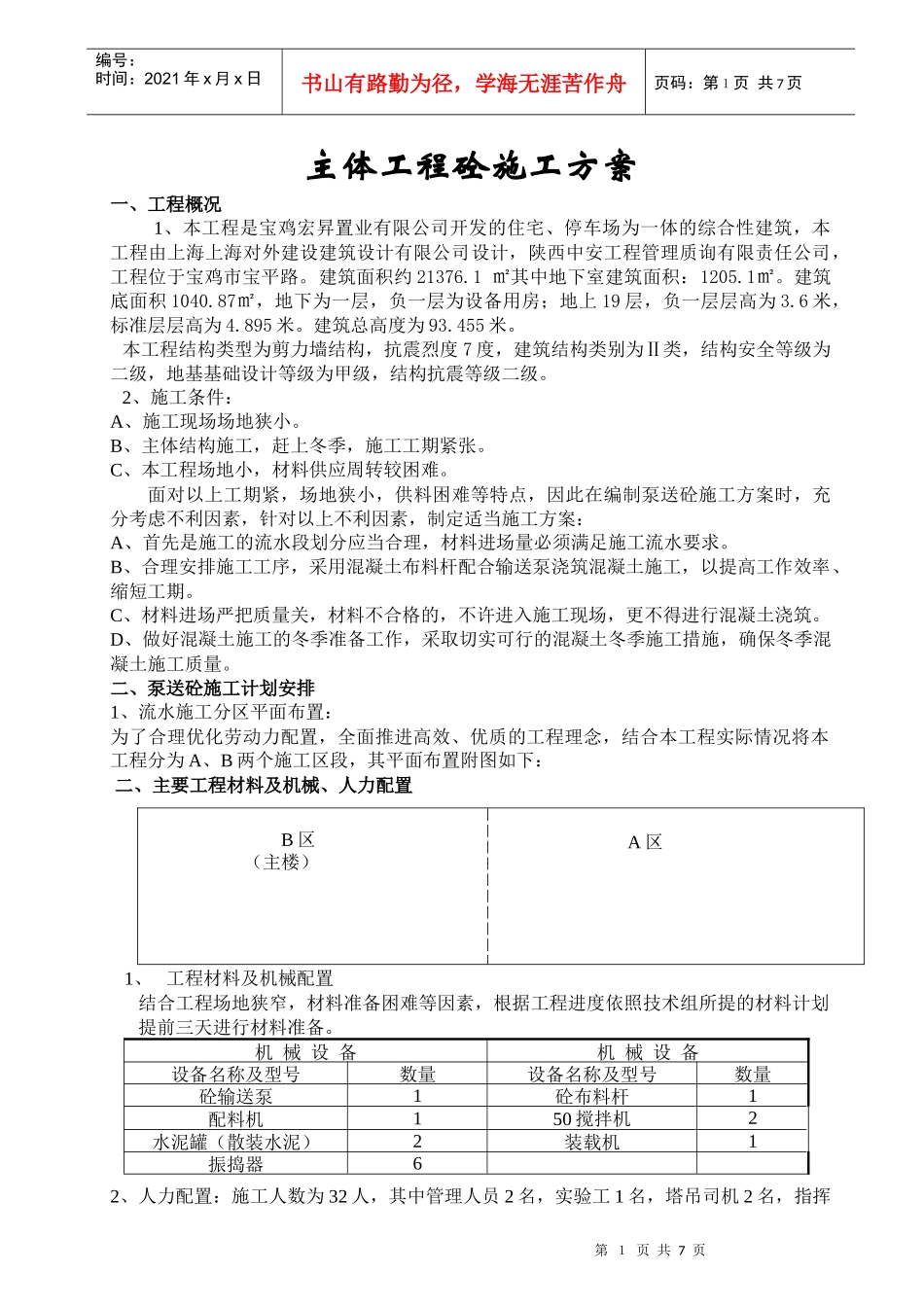 尚枫嘉苑1#住宅楼主体工程泵送砼施工方案_第1页