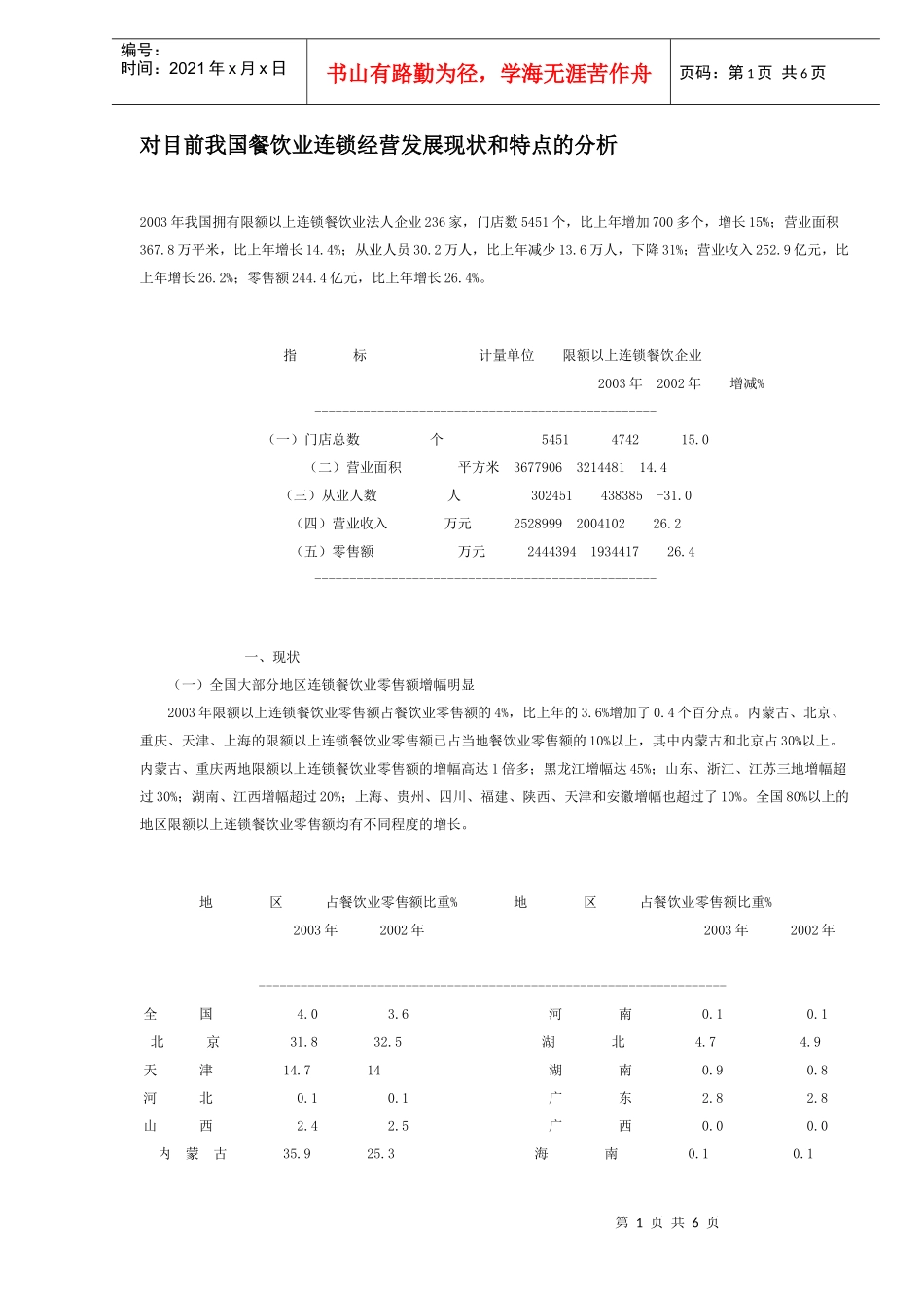 我国餐饮业连锁经营发展现状和特点的分析_第1页
