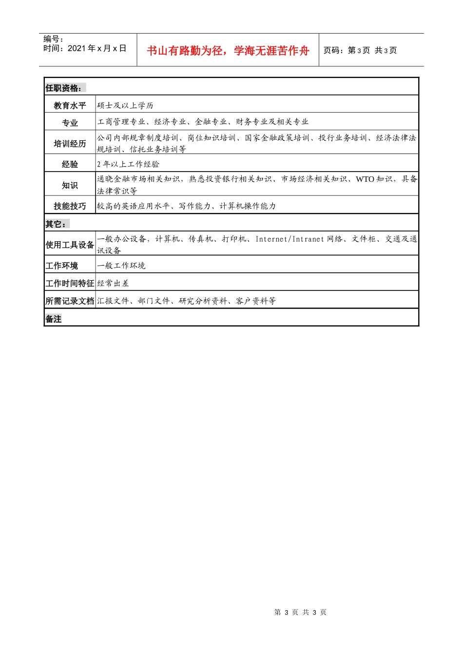投资公司投资银行部经理金融顾问专责职务说明书_第3页