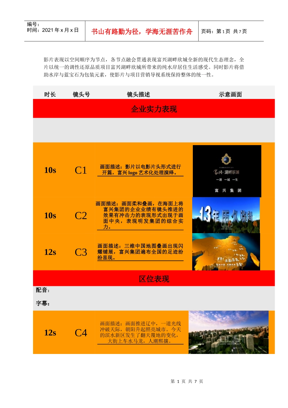 富兴 湖畔欣城300秒 分镜脚本七彩石科技_第1页