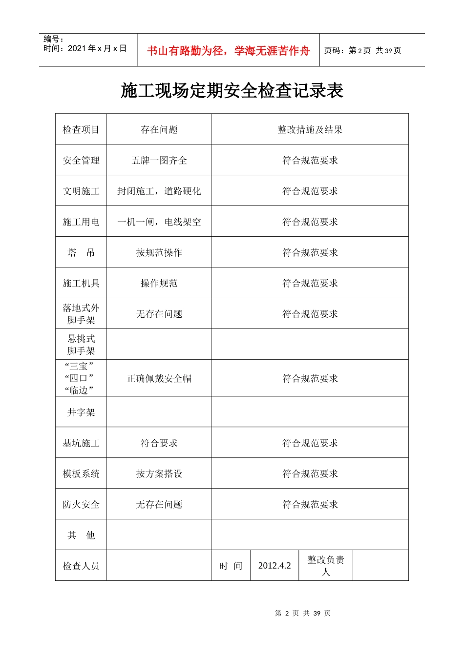 施工现场定期安全检查记录表[1]_第2页