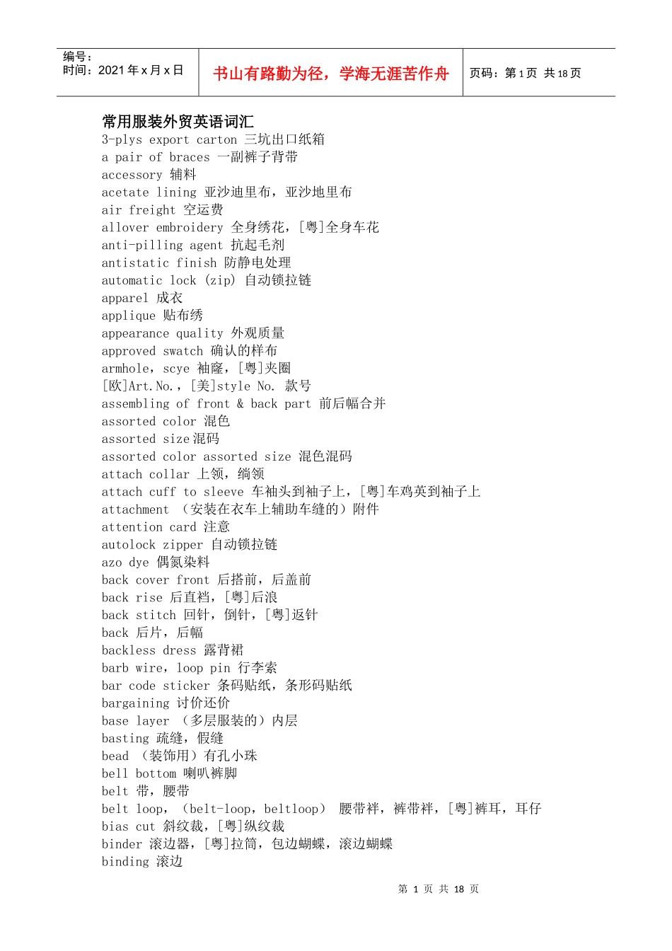 常用服装外贸英语词汇_第1页