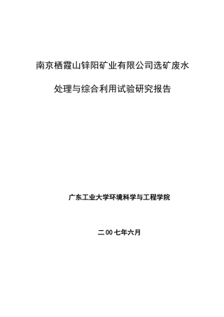 南京栖霞山锌阳矿业有限公司选矿废水处理与综合利用试验研究报告