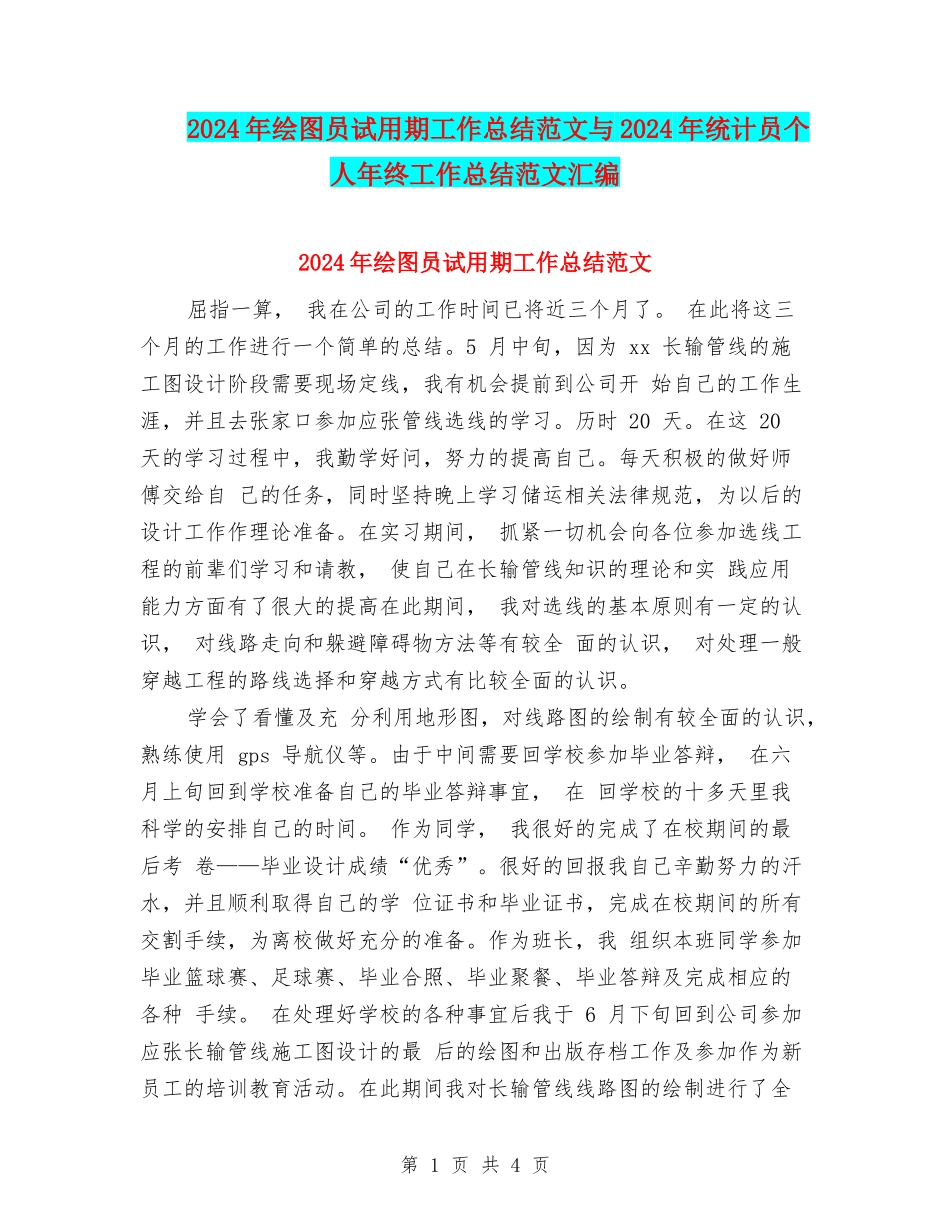 2024年绘图员试用期工作总结范文与2024年统计员个人年终工作总结范文汇编_第1页