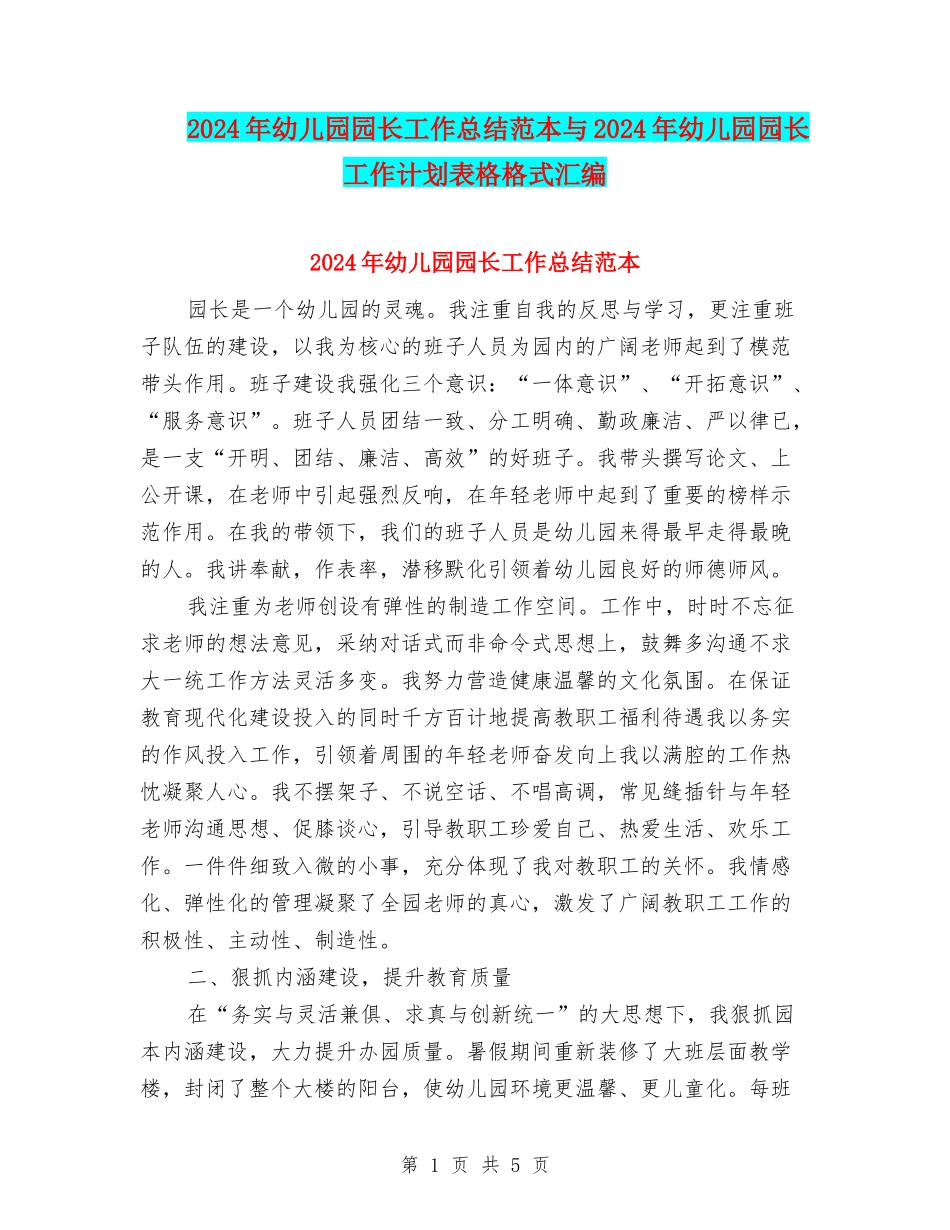 2024年幼儿园园长工作总结范本与2024年幼儿园园长工作计划表格格式汇编_第1页