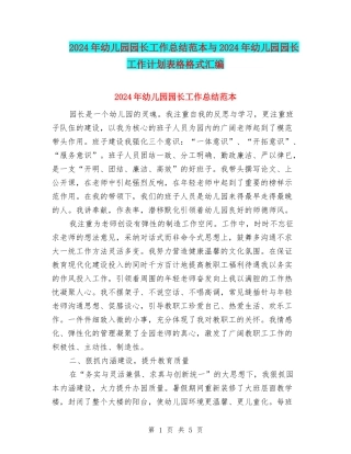 2024年幼儿园园长工作总结范本与2024年幼儿园园长工作计划表格格式汇编