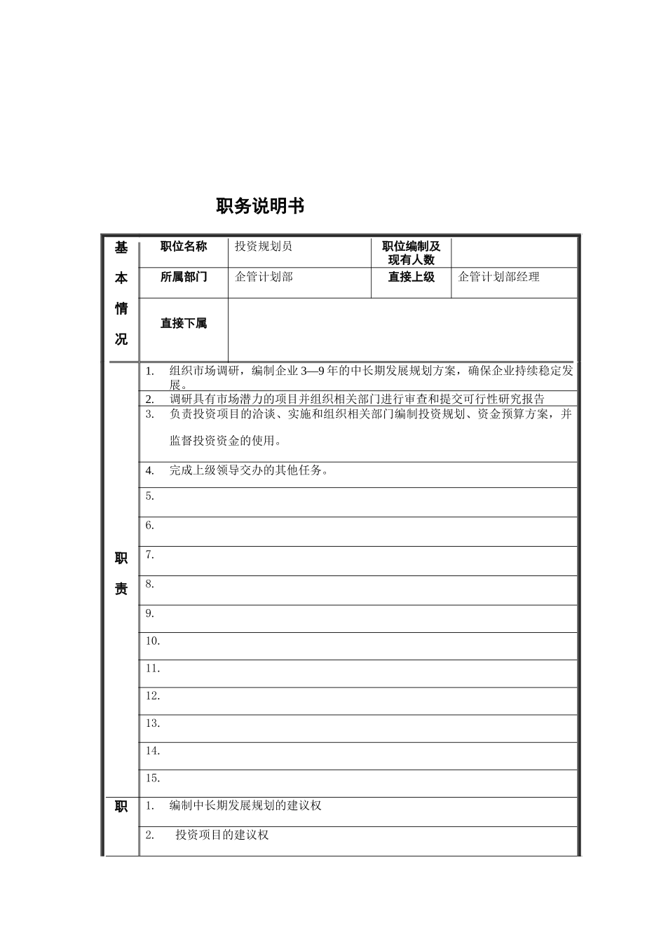 江动股份-企管计划部投资规划员职位说明书_第1页