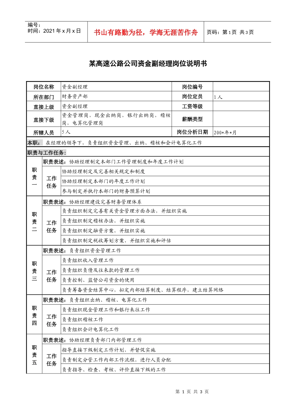 某高速公路公司资金副经理岗位说明书_第1页